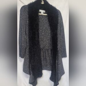Lauren Michelle Silver Black Sparkly Fuzzy Trim Cardigan size Medium
